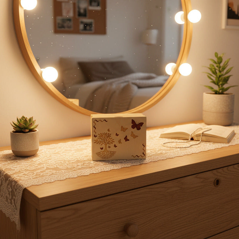 Holzschachtel mit Dekor Lebensbaum & Schmetterlinge