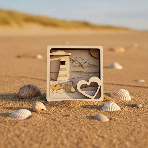 3D Multilayer-Bild Leuchtturm mit Herz aus Sperrholz, lasergraviert, im Sand mit Muscheln