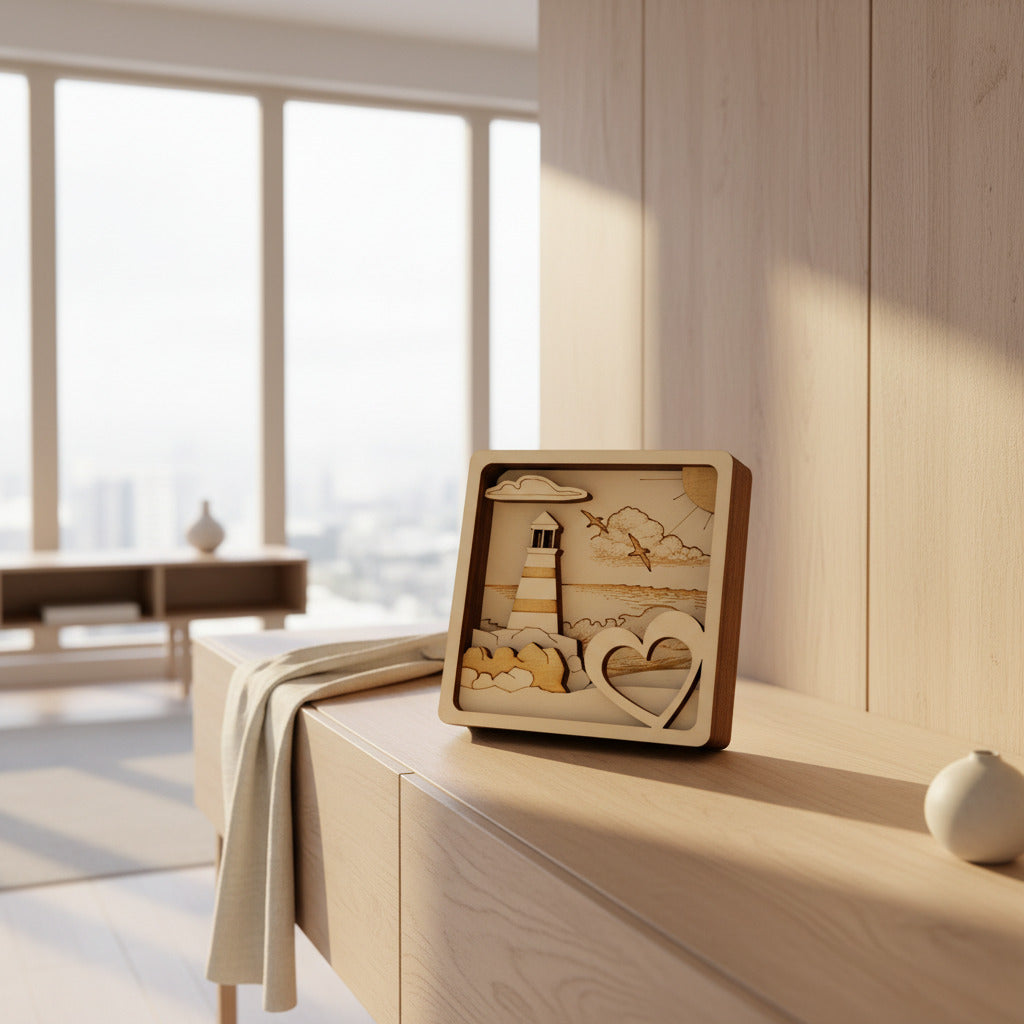3D Multilayer-Bild Leuchtturm mit Herz aus Sperrholz, lasergraviert, Lifestyle-Aufnahme in modernem Wohnzimmer