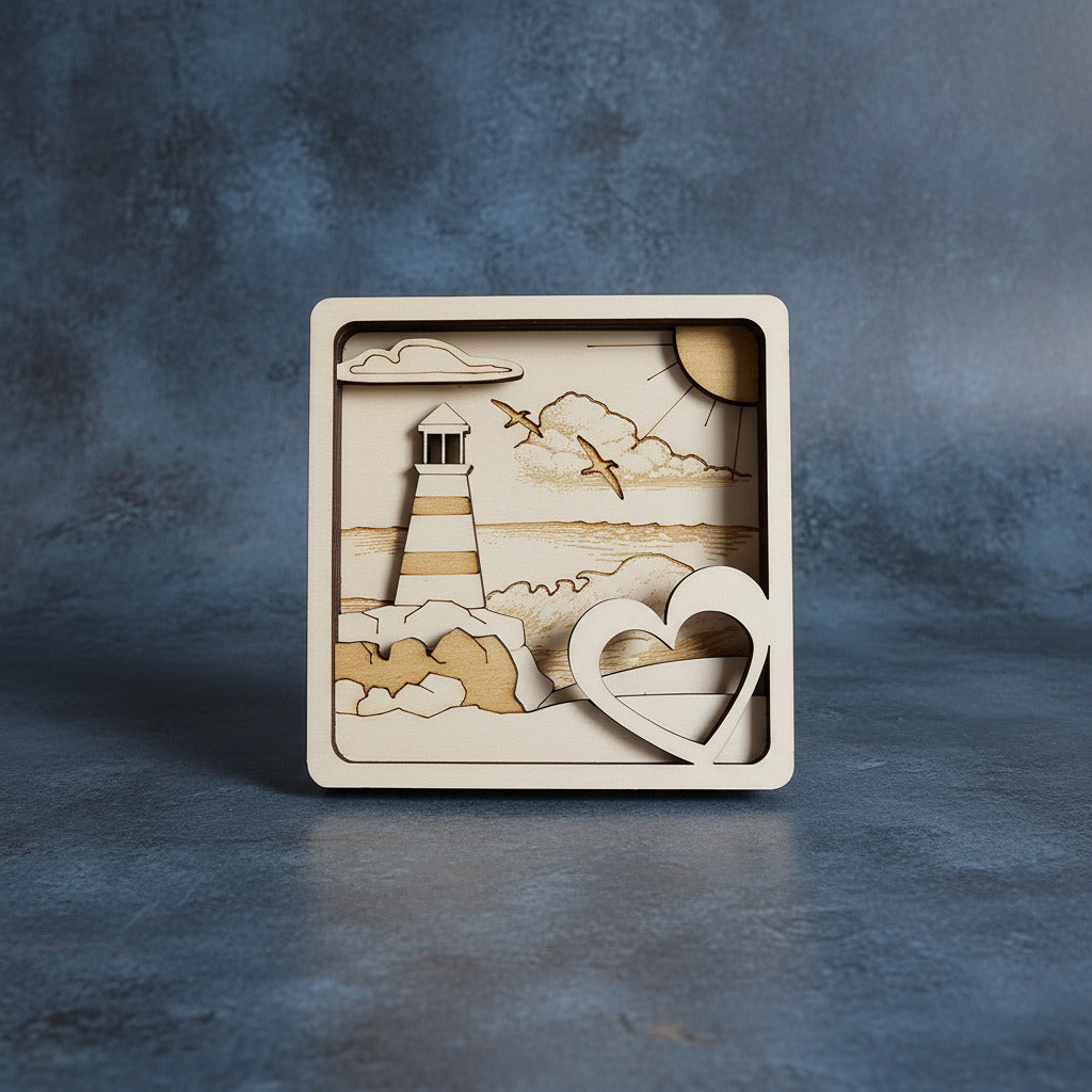 3D Multilayer-Bild Leuchtturm mit Herz aus Sperrholz, lasergraviert, Frontansicht auf grauem Studiohintergrund